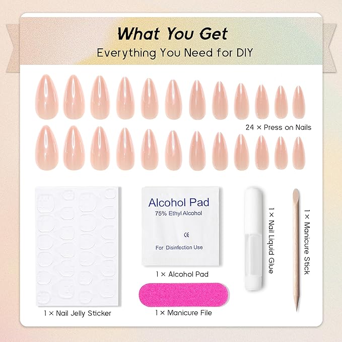 Pearlescent Press on Nails Medium, Glazed Nude Fake Nails Almond Chrome Acrylic Press Ons for Women, Natural Fit Full Cover Glue on Nails in 12 Sizes - 24 Pieces Nail Kit