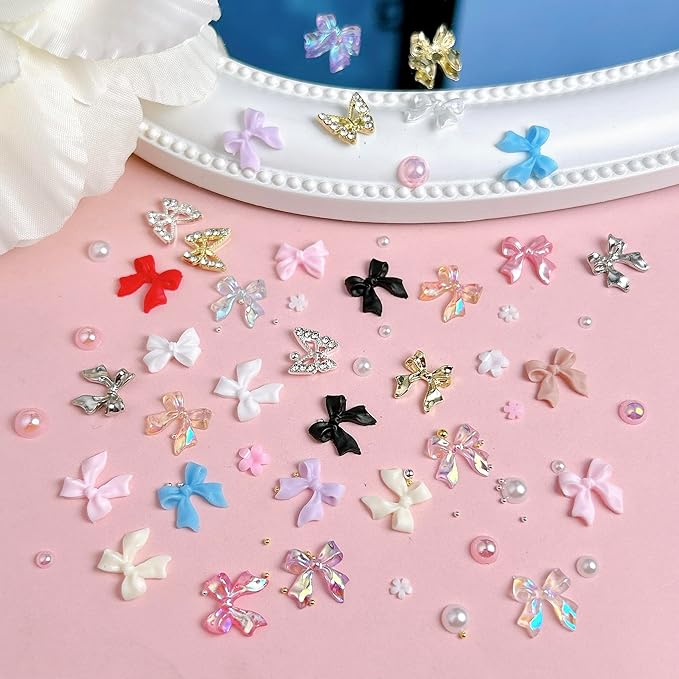 Bow Nail Charms and Gems Kit, 3D Color Kawaii Bow Nail Art Charms Gold Hollow Butterfly Charms Set for Nails Accessories DIY Decoration with Pickup Tools