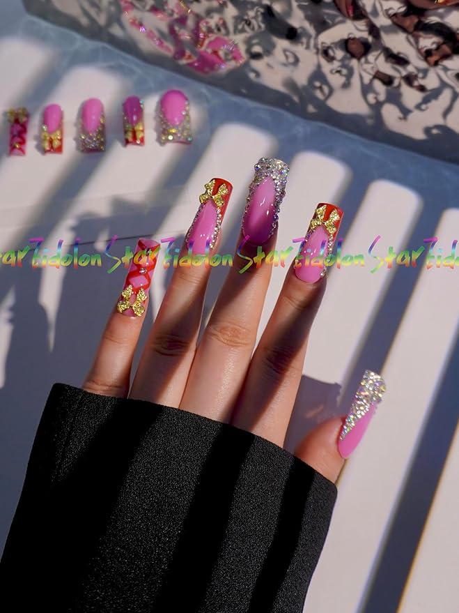 HAND-PAINTED White Press Ons Neon Small Press on Nails Long French Press on Nails Coffin Medium Short Nail art Fake Nail Art Kit with 7g Glue on Nails Handmade Almond Square Nails (TJ-4, Large)