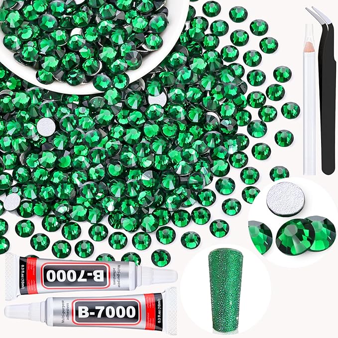 400PCS SS30/6mm Crystal Rhinestones (Emerald Green) with 2Pcs 10ml B7000 Jewelry Glue, Bedazzling Flatback Glass Rhinestones for Crafting, Gems Diomand Charms for Tumbler Shoes Clothing Mugs Nail Art