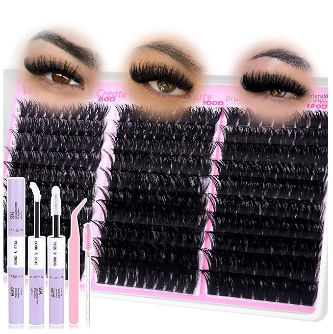 wiwoseo Fluffy Lash Clusters Kit Mink Lashes Clusters Kit Salon Like Eyelash Clusters Kit 80D+100D+120D Cluster Eyelash Extensions kit with Bond and Seal 10-18MM Full of Volume Individual Lashes Kit