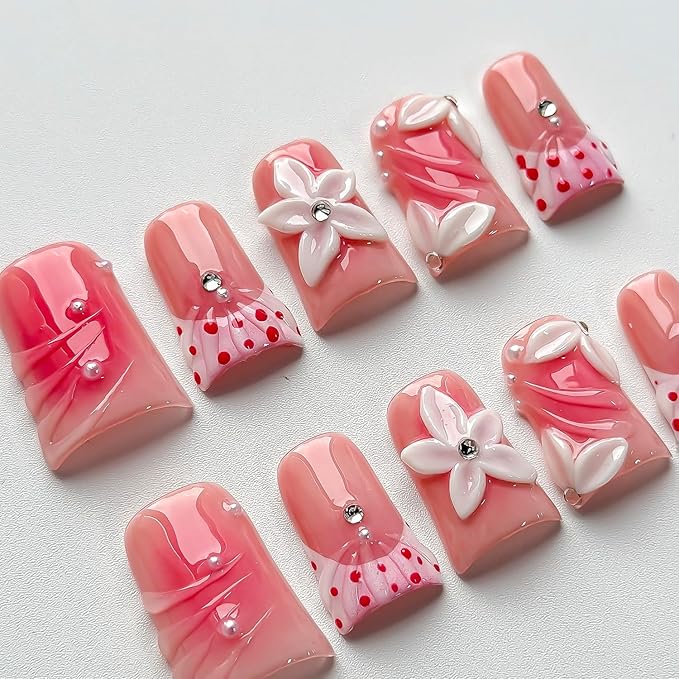 Luxury Press on Nails Short Duck Handmade 3D Unique Reusable ABS Material Fake Nails Pink French Tip False Nails with Designs Flower Rhinestones Polka Dots Glossy Glue on Nail Thick Acrylic Nail(S)