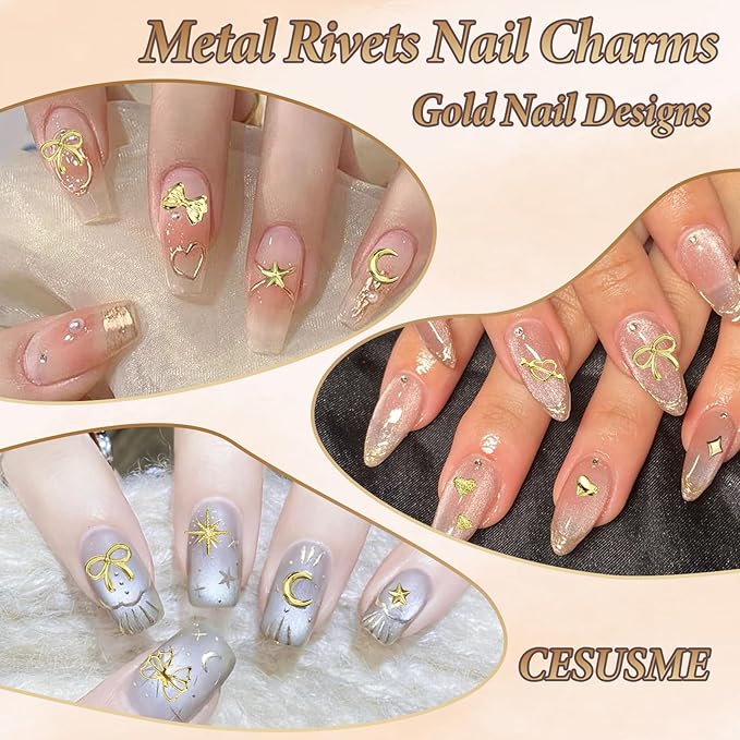 Gold Nail Charms Pearls, Heart Bow Nail Art Charms, Metal Cross Star Moon Nails Studs, Half Round Flatback Nail Pearls Charms, Caviar Nails Beads Charms for Nails Design DIY Craft