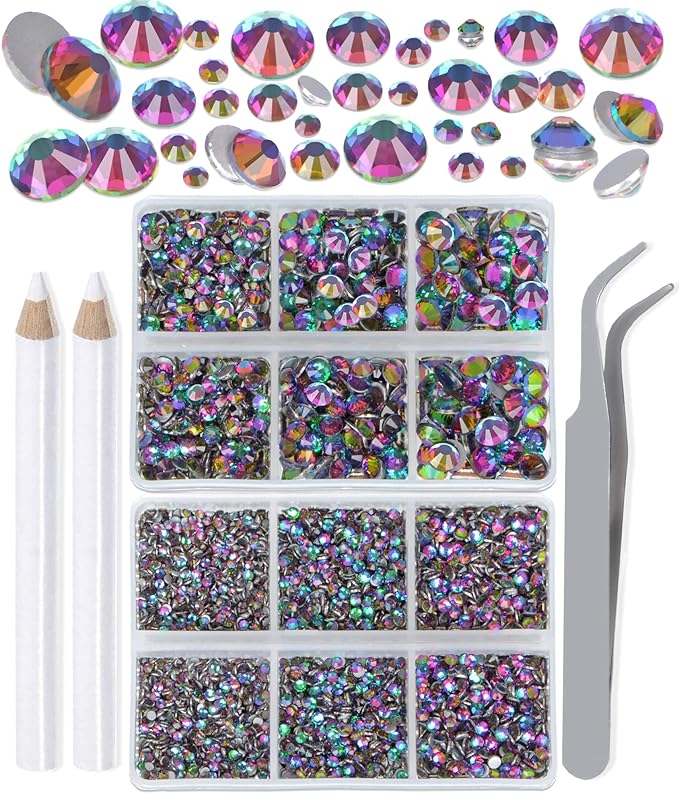 LPBeads 6000 Pieces Green Volcano Non Hotfix Rhinestones 6 Sizes Round Crystal Glass Flat Back Rhinestones with Tweezers and Picking Pen for Nail Art Crafts Clothes Bags DIY