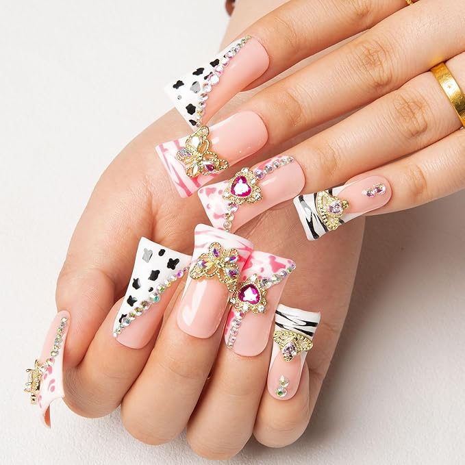 LOVFUL Press on Duck Nails Salon Quality Rolling Luxe Curve | Handmade Acrylic with Full Covered Crystals | Reusable Fake Nails | Duck Classic Regular 1.3 in | H144-M
