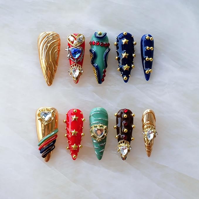 Luxury Handmade Press On Nails, Vintage Bohemian Style, Long Stiletto Shape, Crystal Heart Gems, Gold Stars Design, 10 Pieces (Large, LS)