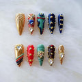 Luxury Handmade Press On Nails, Vintage Bohemian Style, Long Stiletto Shape, Crystal Heart Gems, Gold Stars Design, 10 Pieces (XS, LS)