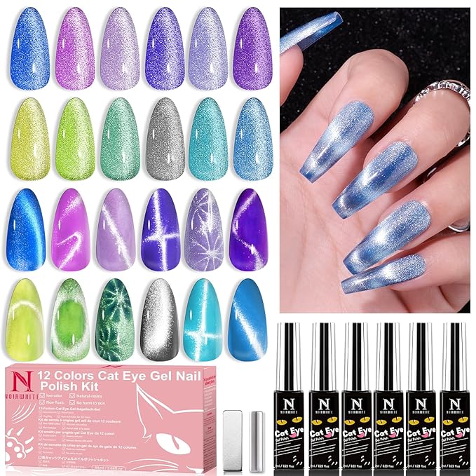 Cat Eye Gel Nail Polish Kit-12 Colors Holographic Glitter Cat Eye Gel Polish Set with Magnet Based Top Coat Romantic Galaxy Series Soak Off Uv Led Magnetic Nail Polish Nail Art Manicure DIY