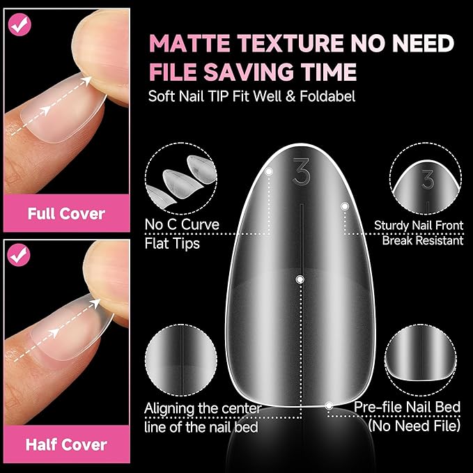 UNA GELLA Short Almond Nail Tips, 312Pcs Pre-file Inner & Full Matte Surface Short Almond Nail Tips, 15 Sizes No C Curve Soft Acrylic False Nails for Nail Extension