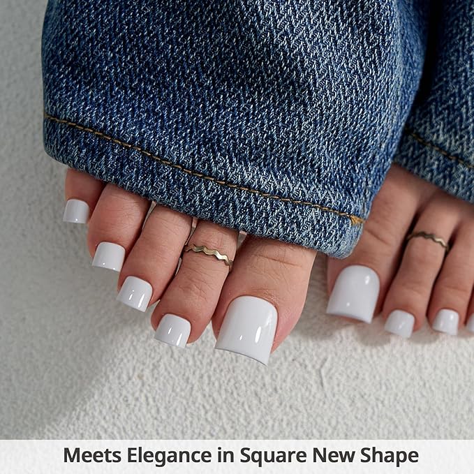 BTArtbox Press On Toenails - Sharp Square Opaque White Toe Nail Press Ons with Glue for Women, Fake Toe Nail Tips in 15 Sizes - 30 Toenails Kit, Ivory White
