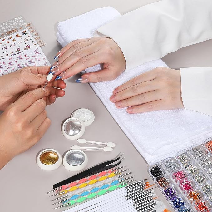 FANDAMEI Nail Decorations For Nail Art, Nail Art Kit, Nail Design Kit, Nail Brushes, Rhinestones For Nails, Nail Stickers, Pearl Chrome Nail Powder, Chrome Powder For Nails, Nail Design Tools, White