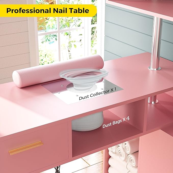 Manicure Table Nail Desk with Stool, L-Shaped Nail Tech Desk with Dust Collector, Two-Way Drawer, Cabinet & Storage Shelves, Rotating Reversible Manicure Workstation on Wheels (Pink)