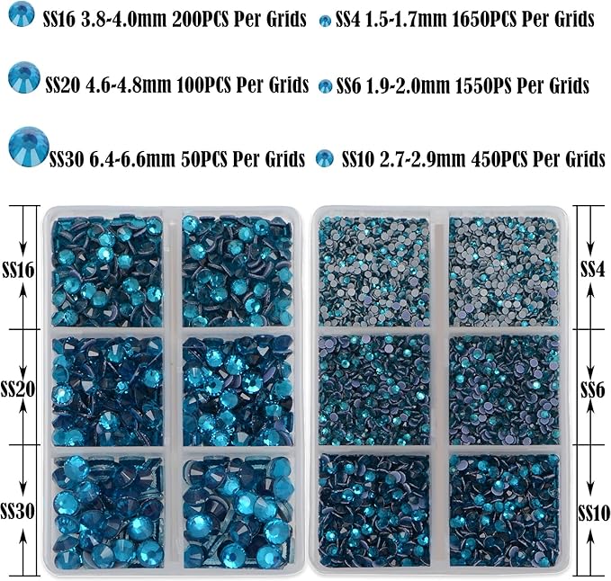 NCB Hotfix Iron on 8000pcs Crystal Rhinestones Round Gem for Crafts Decoration DIY Jewelry Making with a Tweezers and 2 Picking pens (Blue Zircon, 6Sizes SS4-SS30)