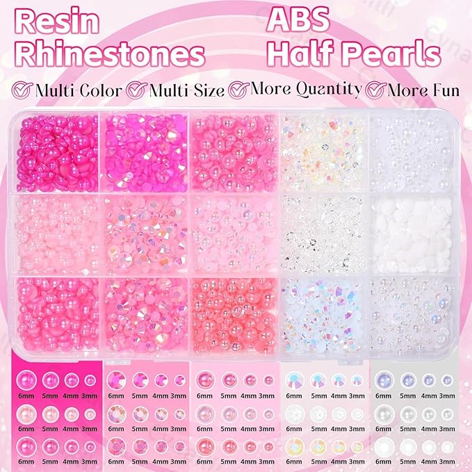 15 Grids Pearls and Resin Rhinestones for Crafting, Pink Colors White Bedazzling Gems Kit, Jelly Resin Rhinestones for Nails Face Eyes Makeup Crafts DIY Tumblers Bottles