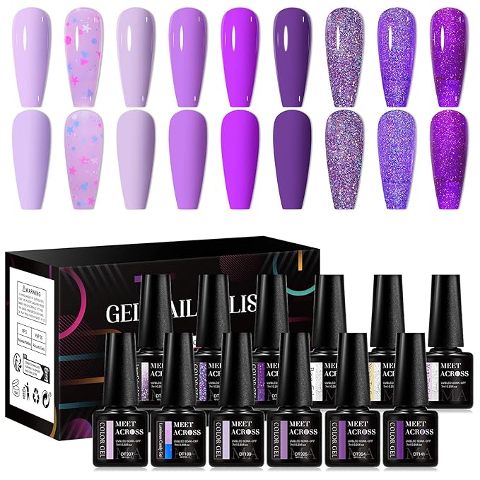 MEET ACROSS 9 Colors Gel Nail Polish + 3PCS Function Gel Nail Polish Kit,Fashion Nail Art Set Design Gifts for Women Manicure Salon (SET2, 12pcs)