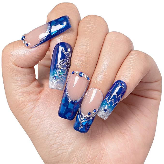 LOVFUL Short French Tip Press on Nails Aquarius Ice Queen | Handmade Acrylic Press ons | Reusable Fake False Nails | Square Classic Regular 1.3in | H589-S