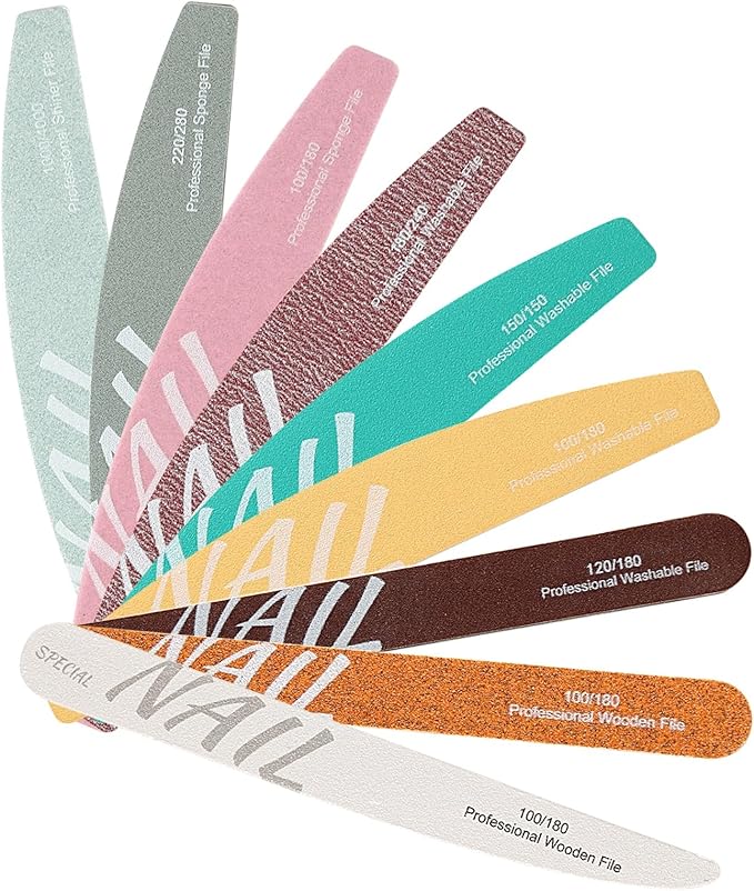 9Pcs Nail Files Buffer Set Double Sided Professional Emery Boards for Natural Acrylic Nails 100/120/150/180/220/240/280/1000/4000 Grit Washable Soft Nail Filer Manicure Tools Home Salon Use