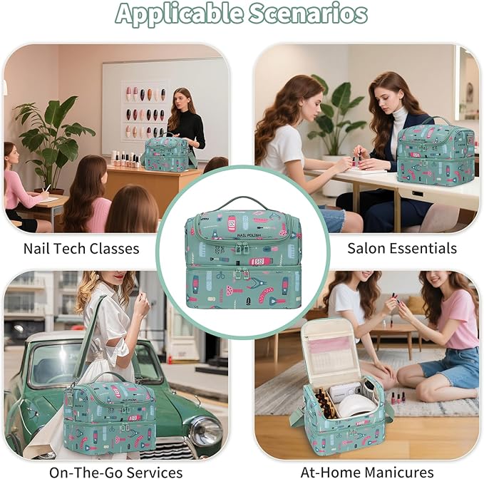 Nail Polish Organizer Case - Holds 45-90 Bottles & UV Nail Lamp, Nail Tech Organizers And Storage Bag for Nail Supplies & Manicure Kit & Pedicure Tools, Nail Technician Case (Cartoon Green, 45 Slots)