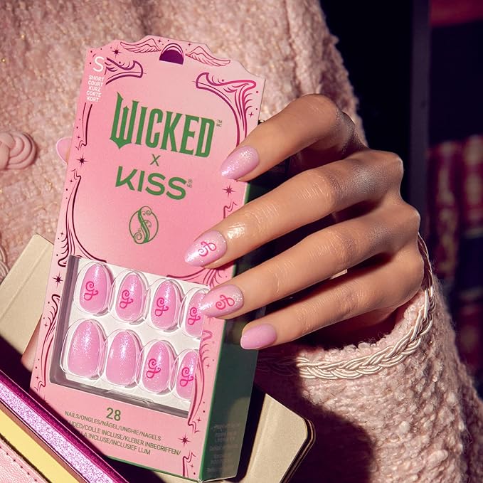 WICKED X KISS Press On Nails Almond, ‘Glinda Goodness’, Pink, Short, Waterproof, Chip Proof, Smudge Proof, 28 Fake Nails, Pink Gel Nail Glue (2g), Mini Nail File, & Manicure Stick