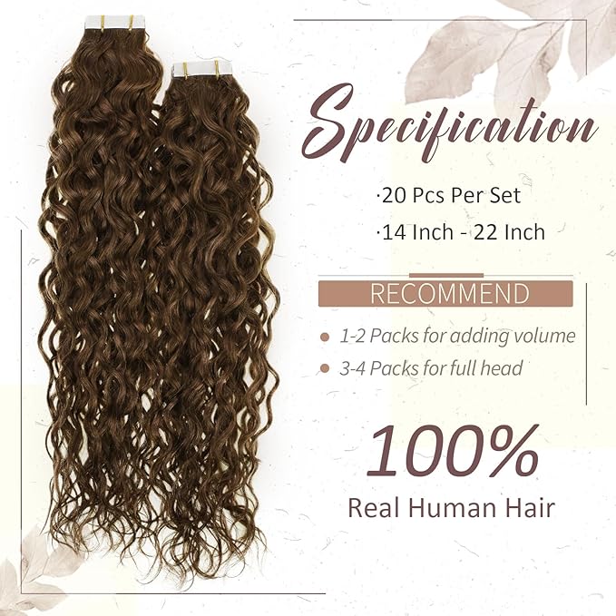 RUNATURE Curly Human Hair Tape in Extensions 16 Inches Chocolate Brown Tape in Hair Extensions Human Hair for Curly Hair Natural Wave Hair Extensions Tape Ins Real Human Hair Brown 50g 20 Pieces