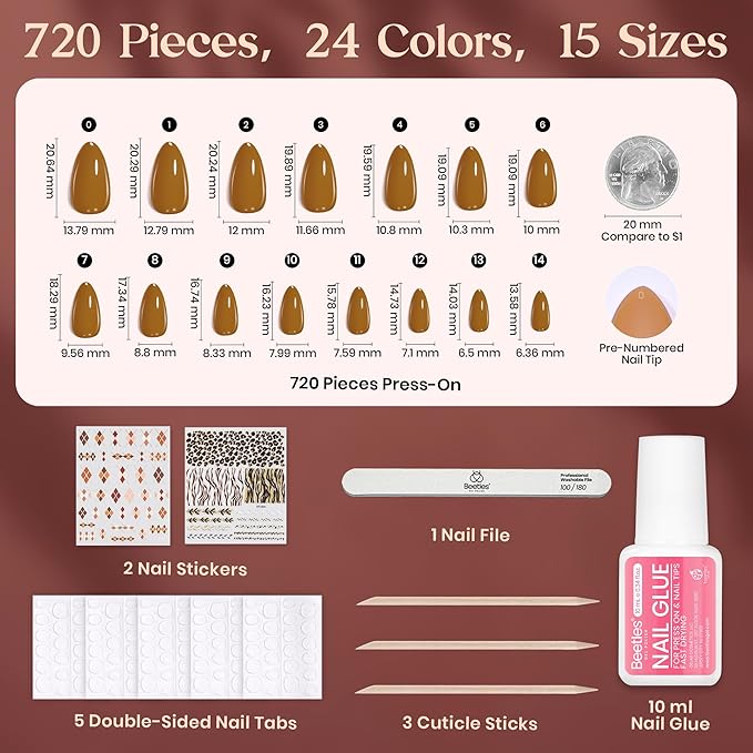 Beetles Press On Nails Kit - Prism Parade | 720Pcs 24 Colors Short Almond Press On Nails | 15 Sizes Matte Glossy Glitter With Nail Glue & Nail Tabs Stickers, Fake Nails Kit Art For Women