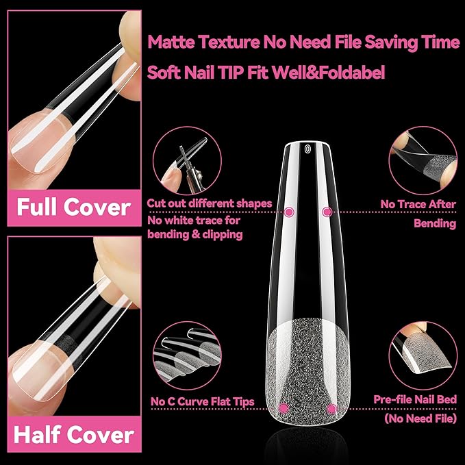 UNA GELLA Extra Long Coffin Nail Tips XXL Soft Gel Nail Tips Coffin 120pcs Pre-shape Press On Nails No C Curve Full Cover Ballerina Nail Tip Clear Fake Nail for Acrylic Nail Soak Off DIY Salon 12Sizes