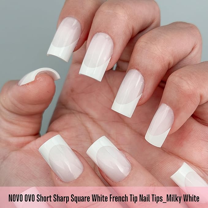 NOVO OVO Short Sharp Square White French Tip Nail Tips Press on MILKY WHITE, Need Builder Gel Top Coat Nail Glue, Soft Gel Fake Nail Extension, Full Cover False Nails for Salon DIY x 15 Sizes 240 pcs