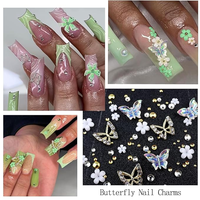 4 Boxes Green Nail Gems Bow Flower Nail Charms for Acrylics - Irregular Crystals, Nails Rhinestone & Accessories for Women Nails Art Design Nails Decor(Green)