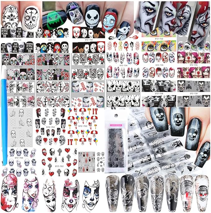 25 Sheets Halloween Water Transfer Nail Stickers Nail Art Decals,10 Sheets Punk Skull Nails Foil Transfer Stickers,Grimace Skull Eye Spider DIY Decals for Halloween Party(35 Pcs)
