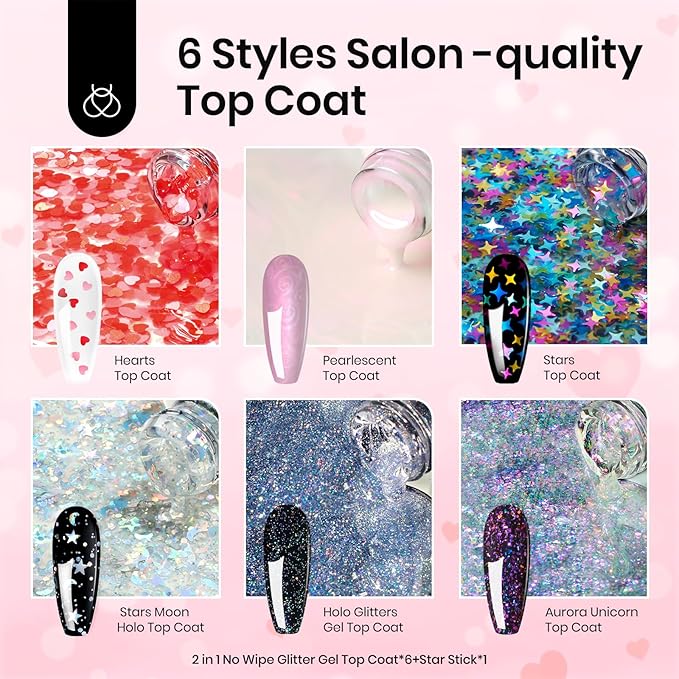 beetles Gel Polish 6Pcs Heart Star Reflective Glitter Gel Top Coat Set, Clear Pink Color Pastel Nail Polish No Wipe Top Coat Long Lasting Highly Shine Soak Off Uv Gel Art