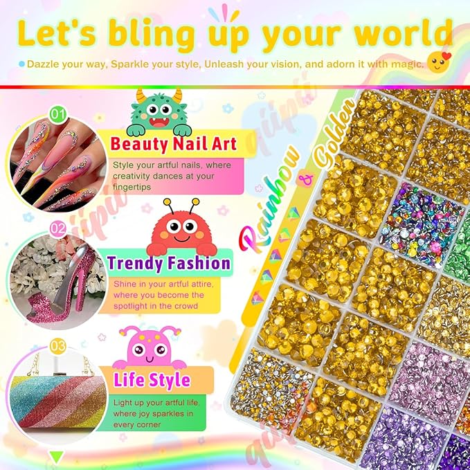 28 Grids Golden Yellow 2-6mm Resin Rhinestones w B7000 Glue for Bedazzling Crafting Colorful Flatback Stones Diamonds Crystals Gems Bedazzler Kit for Nails Face Eyes Makeup Tumblers DIY Crafts