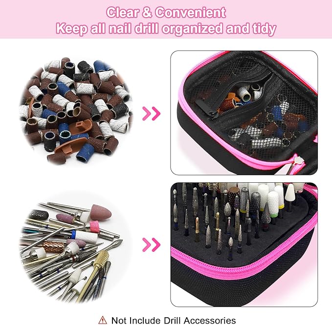 81 Holes Nail Drill Bit Holder (ONLY CASE),Dustproof Portable Organizer Storage Bag with Large Mesh Pocket & High Density Foam to Avoid Slipping & Scratches, Nail Bits Professional Manicure Tools,Pink