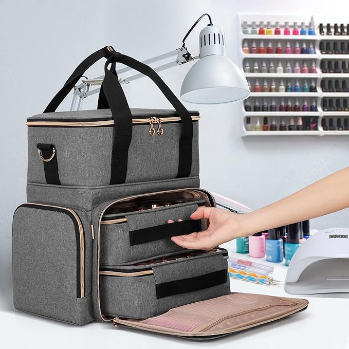 LUXJA Nail Polish Organizer Holds 70 Bottles and a Nail Lamp, Nail Polish Case with 2 Removable Bags and Tools Storage Pockets (Patent Pending), Gray