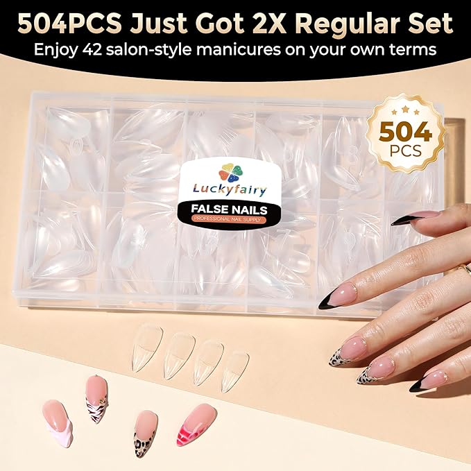 Long Almond Nail Tips: 504pcs Full Cover Soft Gel Nail Tips, 12 Sizes Pre-Etched Half Matte Almond Press on Nails No C Curve For Nail Extensions Home Salon