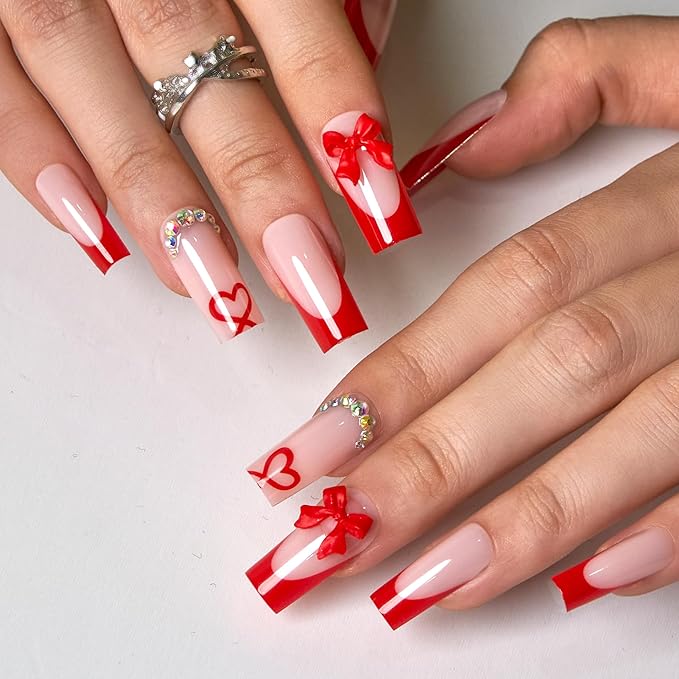 CurvLife Long Press On Nails Square – 30Pcs Soft Gel Ruby Gift Valentine's Day Fake Nails, Reusable Glue On Nail Kit with Adhesive Tabs, Natural Fit & Salon-Quality for Women & Girls