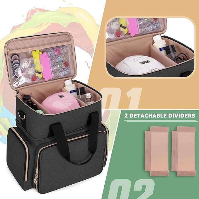 LUXJA Nail Polish Organizer Holds 70 Bottles and a Nail Lamp, Nail Polish Case with 2 Removable Bags and Tools Storage Pockets (Patent Pending), Black