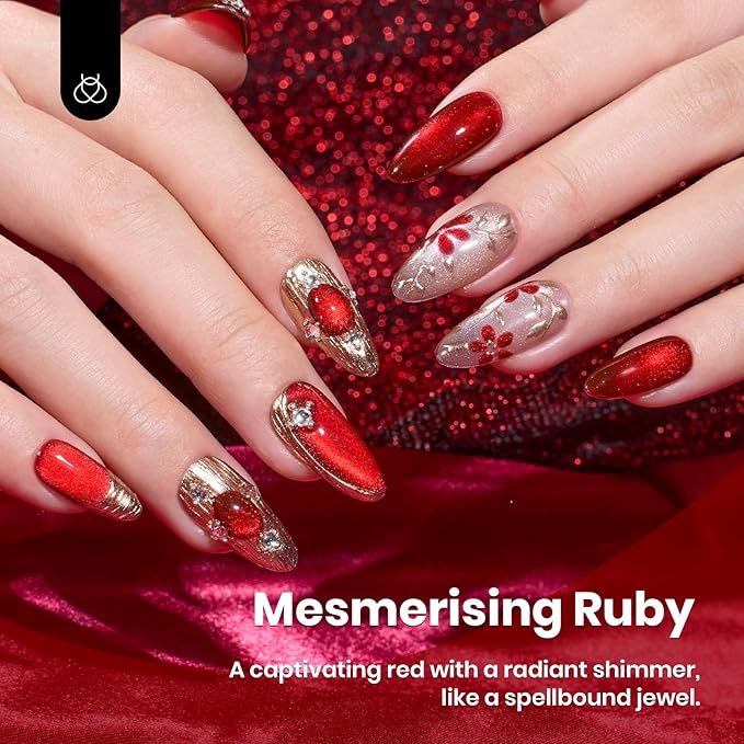 beetles Gel Polish Ruby Red Cat Eye Gel Nail Polish - 15ML Valentine's Day Red Cat Eye Glitter Gel Polish Magnetic Shimmer Effect Soak Off UV French Nail Art Design Salon DIY Manicure Gifts for Women