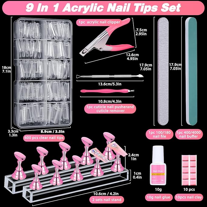 600PCS Clear Coffin Nail Tips Set - Clear Nail Tips for Acrylic Nails French Half Cover Fake Nail Tips Kit with Nail Glue, Nail Display Stand, Clipper, Cuticle Pusher Remover, Nail File and Buffer