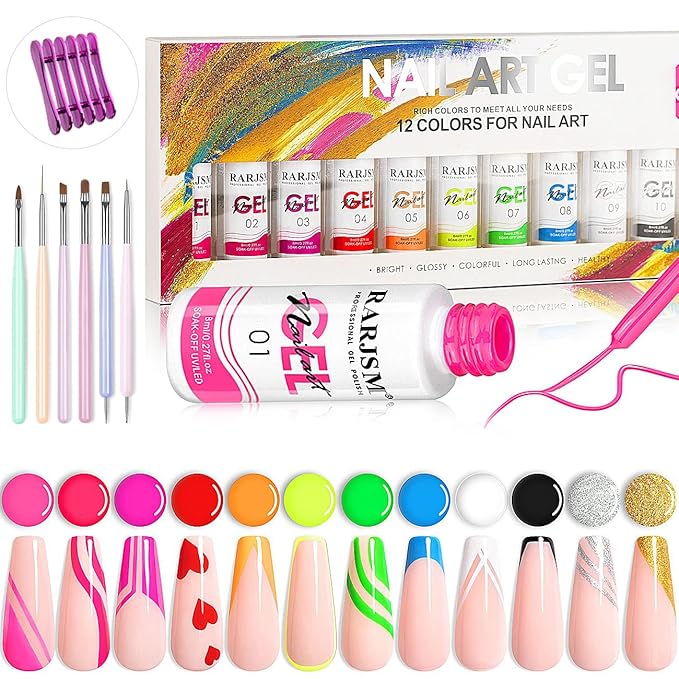 RARJSM Nail Art Gel Liner 12 Color Painted Gel Nail Polish Set and 6pcs Nail Brushes Set with Pen Holder Dotting Painting Design Tools