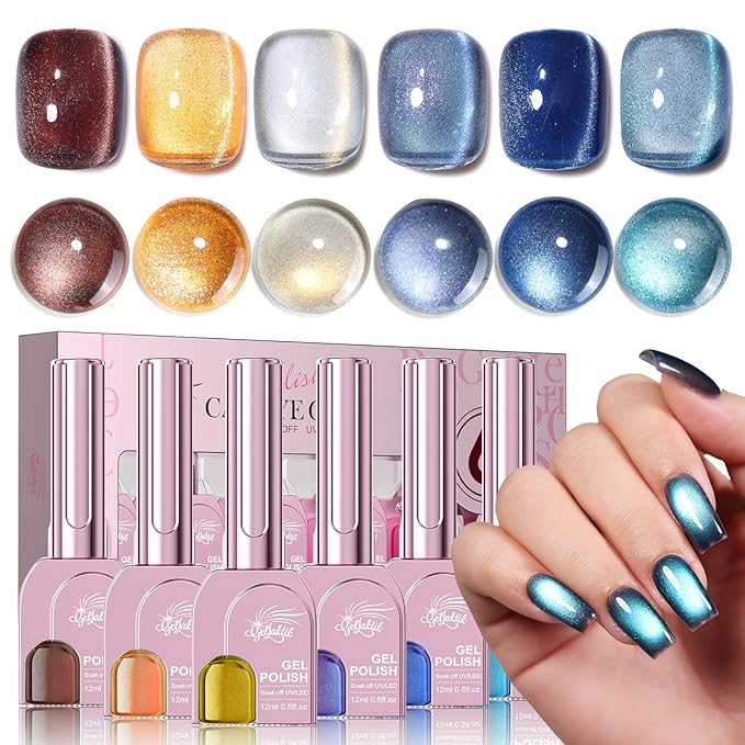 Cat Eye Gel Nail Polish Set, 6 Colors 12ML - 9D Glassy Holographic Glitter, Magnetic Nail Art Kit with Magnet, Soak Off UV LED Gel for DIY Home Salon Manicure Gift for Women