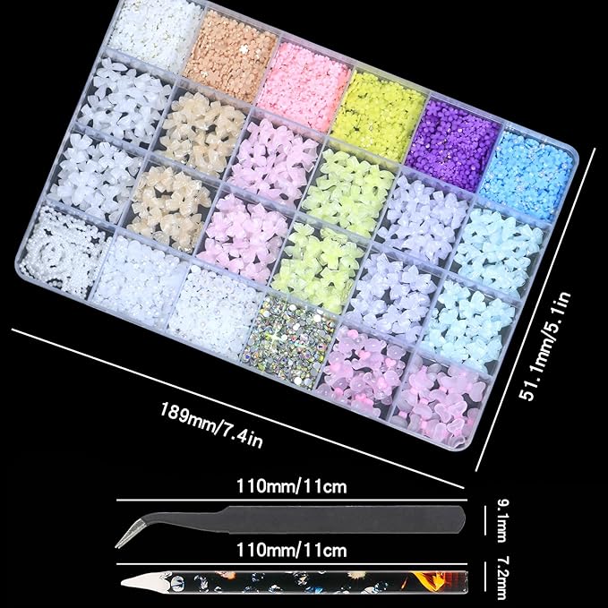 HNUIX Bow Nail Charms - 3D Multiple Colors, Bow-Knot, Flower, Pearls, Flat Back Rhinestones, with Kit, for Nail Art