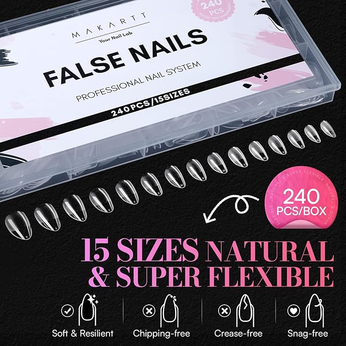 Makartt Short Almond Nail Tips: 240PCS, 15 Sizes, Pre Etched Fake Nails, Clear Gelly Half Matte Full Cover Soft Acrylic Press On Nail Extensions Salon and Home DIY for Flat & Natural Nail Beds
