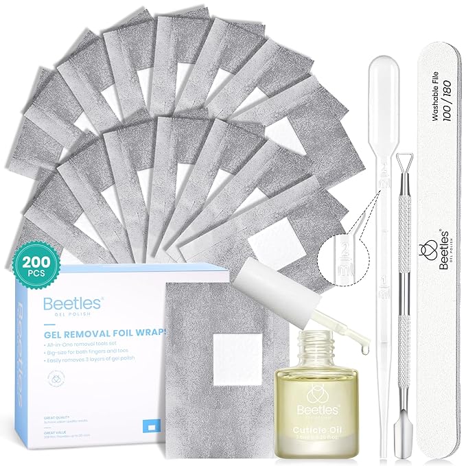 Beetles Gel Polish Remover Nail Foil Wraps 200Pcs, Nail Gel Removal Tool for Soak Off Gel Polish with Thicken Large Cotton Pad, Cuticle Oil & Cuticle Pusher, Droppers for Manicure Care
