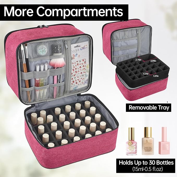 Buruis Double-Layer Nail Polish Organizer Bag, Holds 27 Bottles (15ML/0.5 FL.OZ or Larger), Nail Tools & Dryer Storage Case with Adjustable Dividers (Pink)