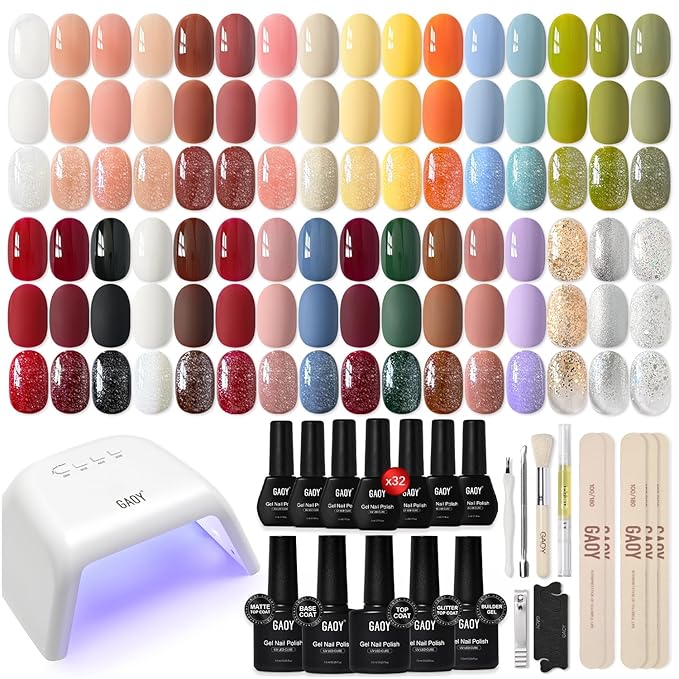 GAOY Gel Nail Polish Kit with UV Light, 32 Colors Gel Polish Set Red Black White Nude Glitter with 5 Pcs Soak off Base Glossy Matte Glitter Top Coat & Builder for Nail Art DIY Manicure at Home