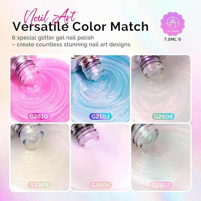 MelodySusie 7.5ML Glitter Gel Nail Polish Set, 6 Colors Aurora White Sparkle Gel Polish Kit Aurora Blue Pink Shimmer Gel Polish Gifts for Women Nail Art Manicure Salon DIY Nail Design at Home