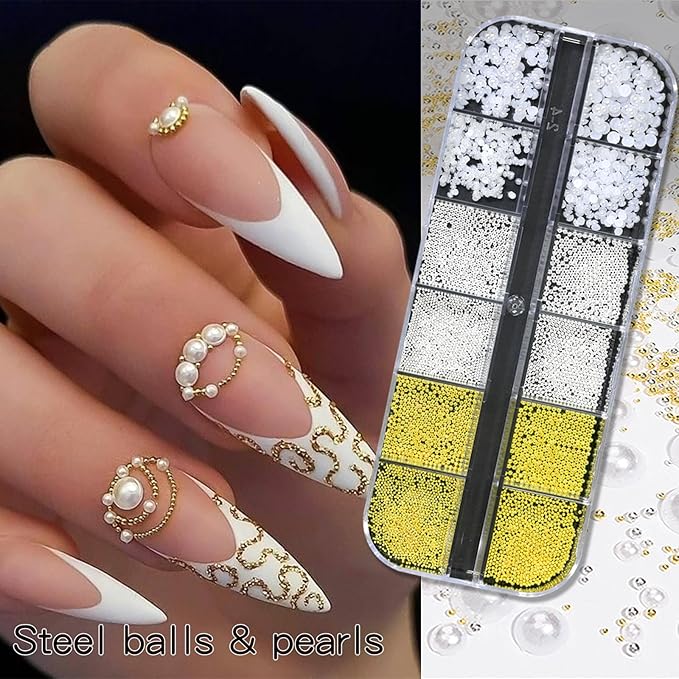 HNUIX Nail Charms - Nail Rhinestones Kit with 6 Boxes of Nail Gems, 3D Charms for Nails, Colorful Clear Flatback Gems, Pearls,Butterfly, Bow, Flowers, Caviar Beads, Multi Shape Crystals for Craft