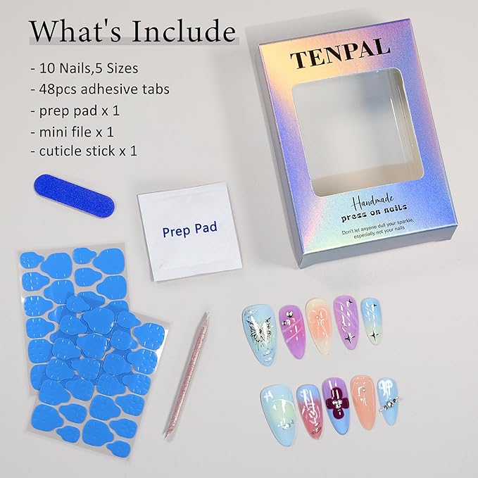 Spring Summer Bright Colorful Press on Nails Almond Acrylic Nails Press Ons with Hand-painted Designs Butterfly Stars Flower Full Cover Glossy Glue on Nails 10pcs/box Cute Almond Nails(XS)