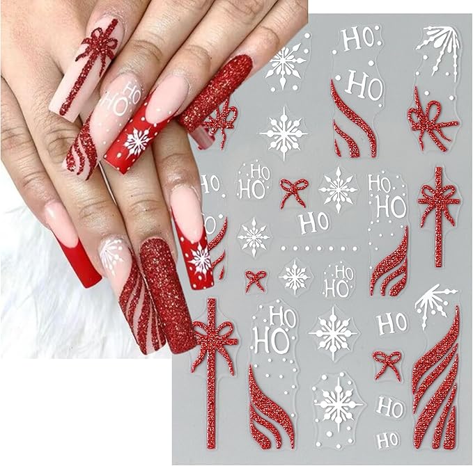 Christmas Gift Bow Nail Art Stickers, Santa Hat Elk Snowflake Design, 3D Self-Adhesive Glitter French Nail Tip Winter Holiday Nail Decals for Women (5 Sheets)