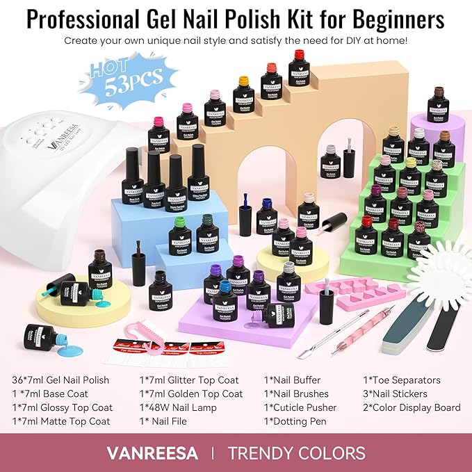 VANREESA Gel Nail Polish Kit with U V Light 53 Pcs Gel Polish Nail Set 36 Popular Colors Nail Polish Set with Base Coat 4 Effects Top Coat with Manicure Tools Complete Nail Kit Gifts for Women Girls